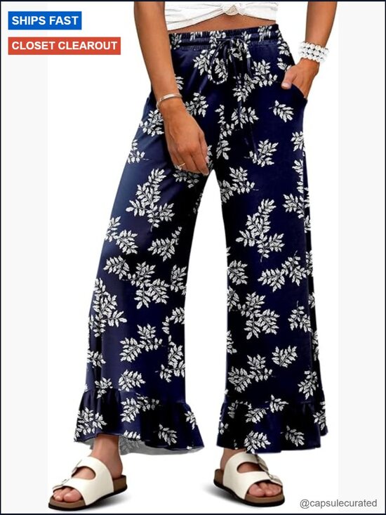 Pants - Wide Leg Palazzo Lounge Pants Drawstring Elastic High Waisted Ruffle Hem Pockets